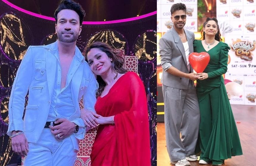 Vicky Jain and Ankita Lokhande posing together at Laughter Chefs – Unlimited Entertainment Set.