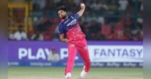 Sushant Mishra bowling for Rajasthan Royals in Eliminator Match IPL 2026
