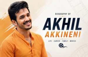 Akhil Akkineni smiling in an orange kurta for a celebrity biography featured image