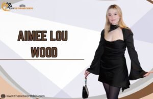 Aimee Lou Wood standing in a black dress against a modern geometric background with her name displayed in bold text.