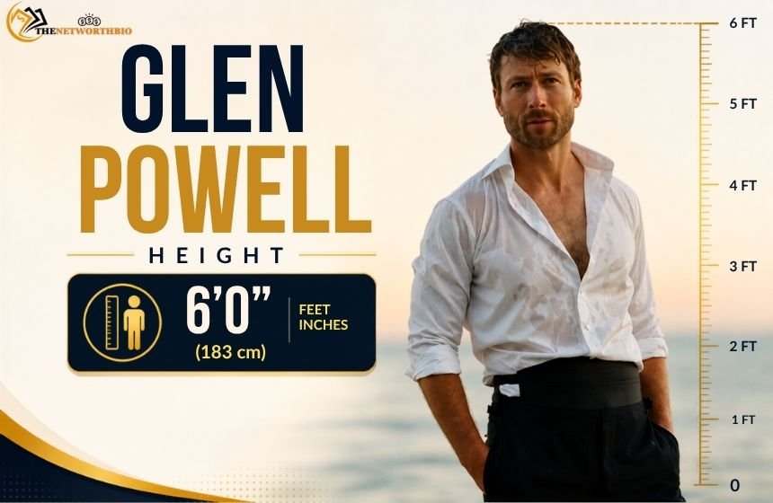 Glen Powell height featured image showing the actor beside a height scale, highlighting his 6-foot (183 cm) height.