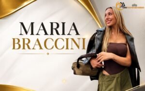 Maria Braccini smiling in a black leather jacket while holding a handbag, featured image with a white and gold background.