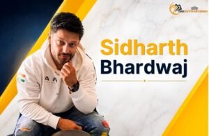 Sidharth Bhardwaj featured image with his portrait and a modern navy, gold, and white biography design.