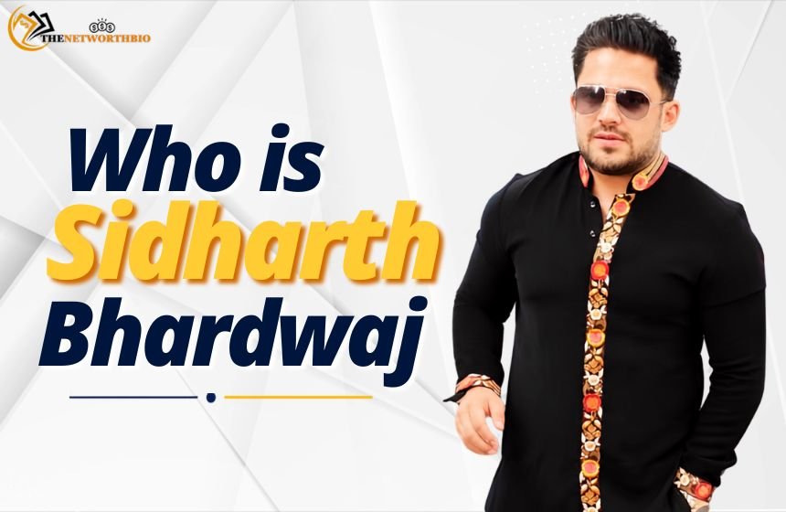 Who is Sidharth Bhardwaj featured section image with Sidharth Bhardwaj in a black outfit against a bright , white graphic background.