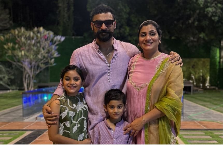Tovino Thomas with her wife Lidiya Tovino and children
